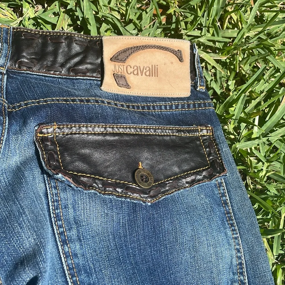 Just Cavalli Dark Brown Leather Trim Jeans